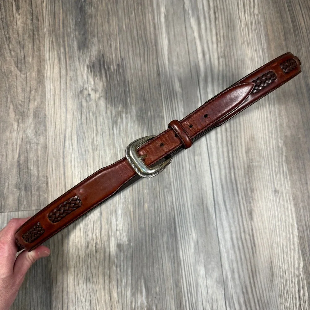 Brighton Brown Leather Woven Inset Americana Western Belt Silver Buckle‎ 42